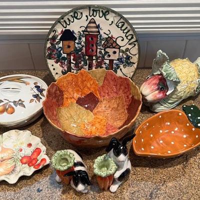 Colorful Dish Lot - Fits And Floyd '87 Candle Holders, Viepri Italy Leaf Bowl, Bunny Condiment Bowl, And More