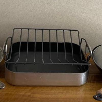 William Sonoma France Roasting Pan With Rack And Alclad Wok With Lid, Wood Handled Wok With Lid
