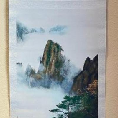 Chinese Fabric Scroll In Original Box Mountain Landscape