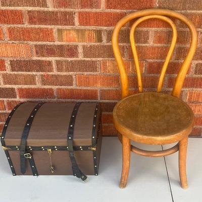 Vintage Miniature Kohns Bent Wood Chair With Small Trunk, Tray, And Lock