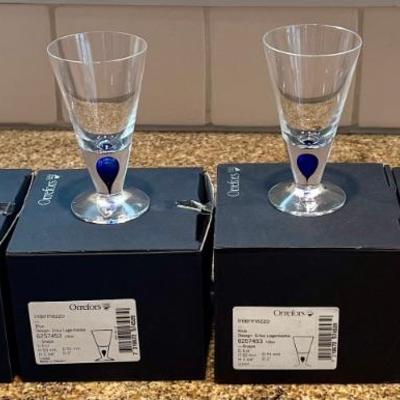 Set Of (4) Orrefors Intermezzo 3.75" Blue Teardrop Stem Liquor Glasses By Erika Lagerbielke In Original Boxes