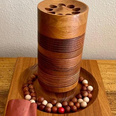 1965 Teak Skjode Skjern Denmark Tower Game With Wood Marble And Leather Bag