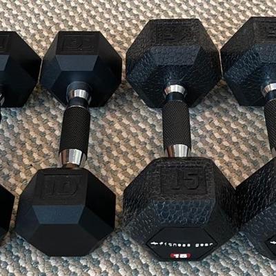 Fitness Gear 15 Pound Rubber Hex Dumbbells With Set Of Unmarked 10 Pound Dumbbells