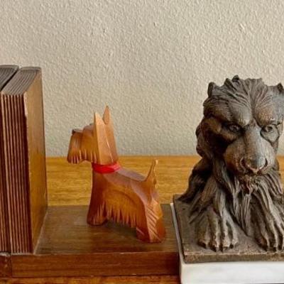 (2)  Pairs Of Vintage Bookends - Resin Lions On Marble And Wood Scotti Dogs On Wood