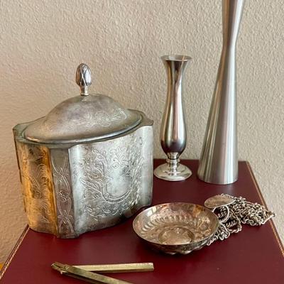 Royal Selangor Pewter Vase, Silver Plate Cigarette Case, Silver Plate Wine Tester, Brass Match Stricker