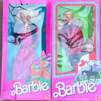 Vintage Mattel 1987 Canadian Barbie And 1988 Russian Barbie Dolls Of The World In Original Boxes