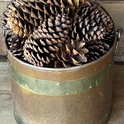 Vintage Large Copper & Brass Handled Bucket Filled With Large Pinecones 