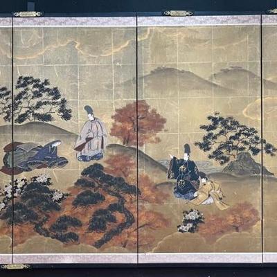 Signed Japanese 4 Panel Folding Screen 71" Wall Hanging
