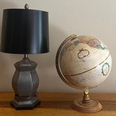 World Classic Replogle 12" Globe With Metal Silver Tone Table Lamp And Cooper Lamps Shade