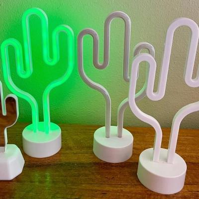(3) Neon Green Light Up 12" Cactus And 8" Mirrored Cactus