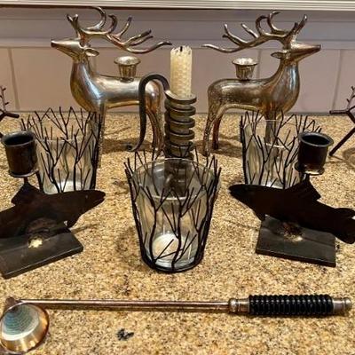 Silver Plate And Bronze Metal Candle Holder Lot - Deer, Fish, Candle Extinguisher, Cellar Rat Bourgogune