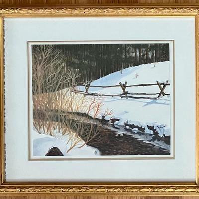 Winter's End Parrish Watercolor Print In Gold Frame