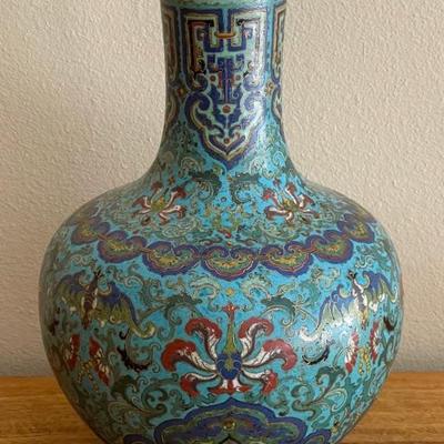 Large Chinese Cloisonne Enamel 16" Vase With Gold Rim And Base
