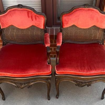 Vintage Pair Of Carved Wood Cane Seat And Back With Red Material Arms And Cushion
