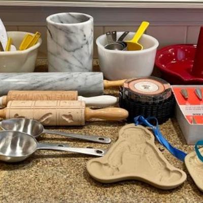 Baking Supplies - Marble Rolling Pin, Brown Bag Molds, Tartlet Pans, Marble Ice Bucket, Emile Henry Dish