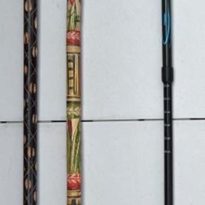 (2) Vintage Hand Carved And Painted Wooden Canes With Leki Fishpond Trek Pole