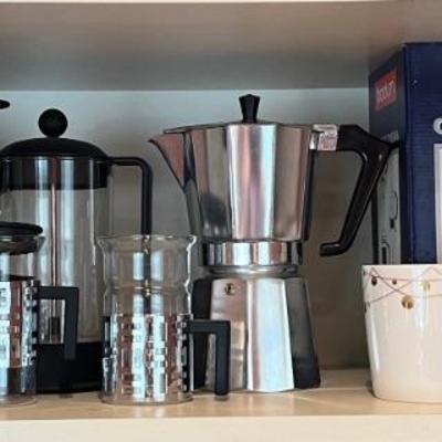 Coffee And French Press Lot - Bodum, Starbucks Mugs, Alimenti Italy Coffee Pot, And More