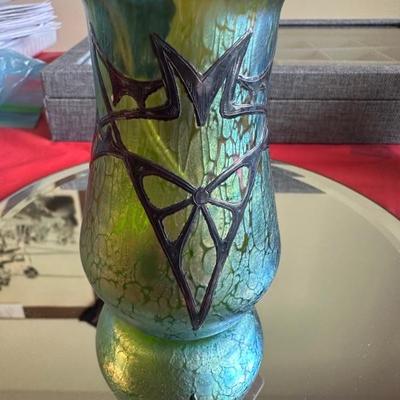 Loetz Creta Papillon Silver Inlay Vase.  Circa 1900