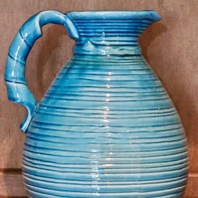 Bule Ribbed Ceramic Pitcher / Pitcher Vase