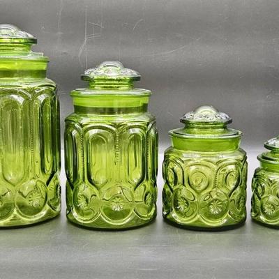 (4) Vintage Moon & Star Green Glass Canister Set