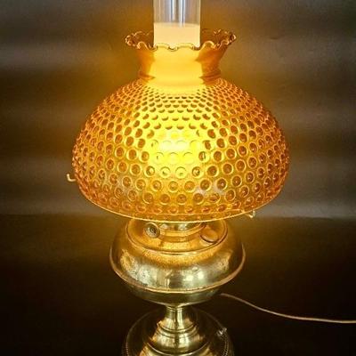 Brass & Hobnail Amber Glass Hurricane Oil Lamp