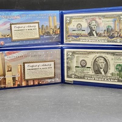(2) Sets Commemorative 9/11 World Trade Center: Colorized 2 Dollar Bill & 
Green 10th Anniversary Set w COA