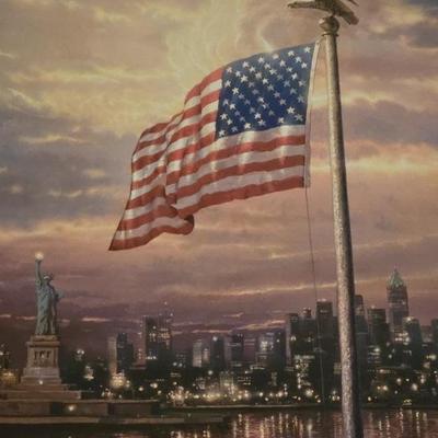 Thomas Kinkade Print w/ Flag & Statue of Liberty