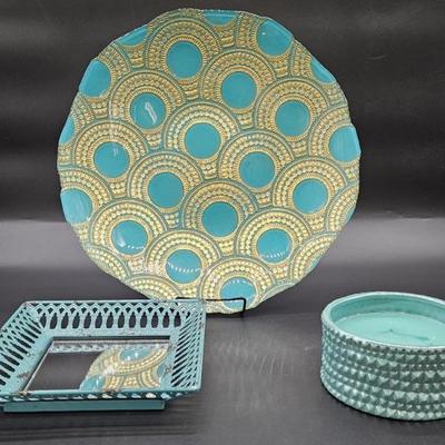 (3) Turquoise: Glass Bowl, Metal Wall Mirror, & Ceramic Candle