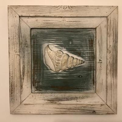 $32-raised shell look with wooden frame 19" x 19"