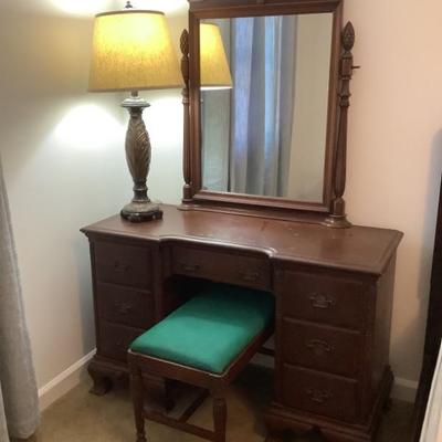 $150-vanity with stool, dovetail, 7 drawers, 71"H 46"L 18"depth matches bed, nightstand, and chest of drawers