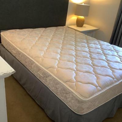 $225- queen bed with fabric dark grey headboard with mattress 48"H head 