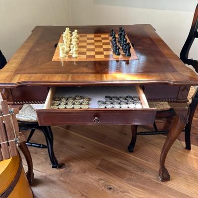 Inlaid game table with backgammon and chess board, includes chess & draught sets
