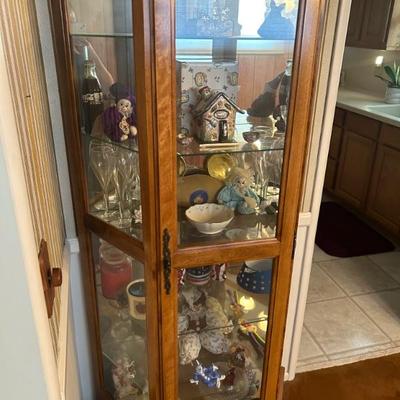 Curio cabinet, blue sky clay works, Q-tee clowns, clown figurines, crystal