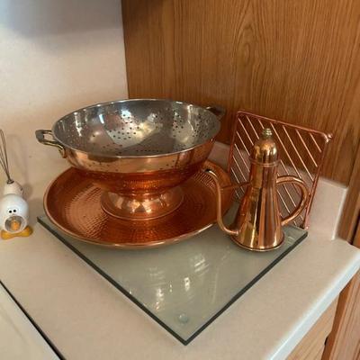 Copper colander, tray, copper coffee pot