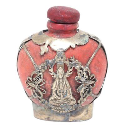 Chinese Soft Stone Carved Snuff Bottle w/Silver