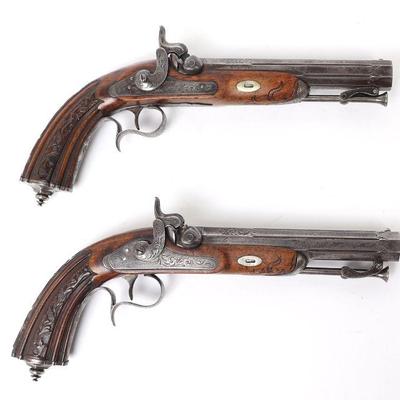 Fine Cased Pair of French Dueling Pistols by Damas Anglais