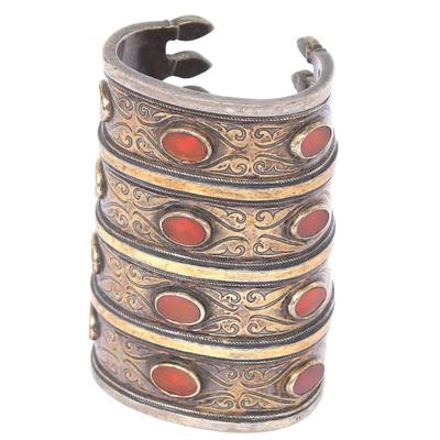 19th C. Turkoman Gilt Silver Carnelian Cuff Bracelet