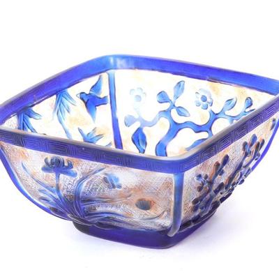 Chinese Clear Peking Glass Dish with Blue Rim