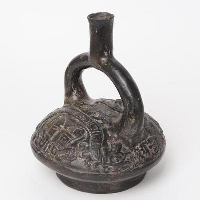 Pre-Columbian Moche Peruvian Blackware Stirrup Vessel, 100-700 CE
