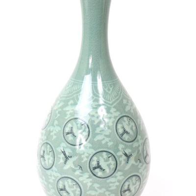 Lovely Korean Celadon Glazed Vase, Cranes in Flight