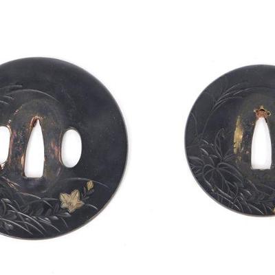 Two Japanese Daisho Gold & Silver Soft-Metal Tsuba Signed w/Box