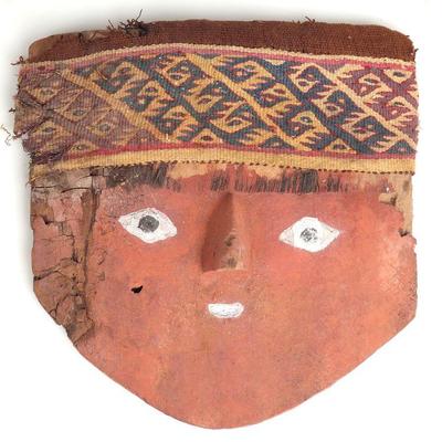 Chancay Painted Wood & Textile Headband Mummy Mask