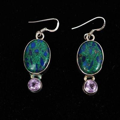 Sterling Silver, Azurite, and Amethyst Earrings