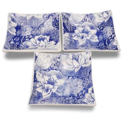 Set Of 3 Blue & White Square Ceramic Dishes w/Floral Motif