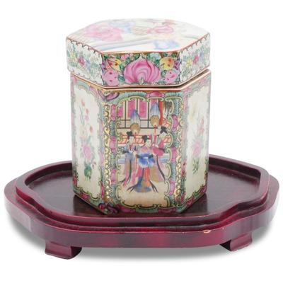 Chinese Famille Rose Lidded Hexagonal Porcelain Jar With Stand