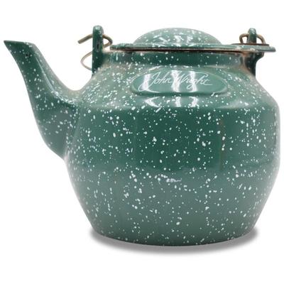 Vintage John Wright Woostove Speckled Cast Iron Kettle With Wire Handle