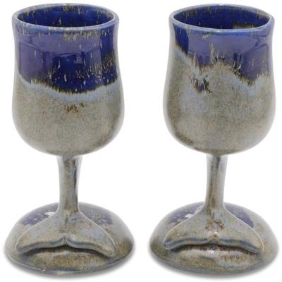 Pair of Doug Wylie Art Pottery Whale Tail Wine Goblets