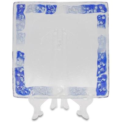 Fused Glass Dish w/Textured Blue Border