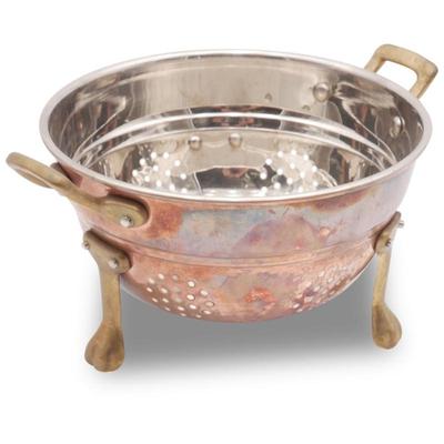Vintage Claw Footed Copper Colander / Strainer With Brass Legs And Handles