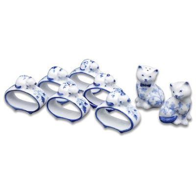 Handcrafted Porcelain Cats Salt / Pepper Shakers And Napkin Rings